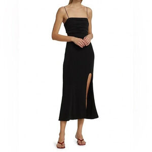 Cinq à Sept Mariah Back Cut-Out Ruched Slip Midi Dress 0 Black Front Slit Dressy